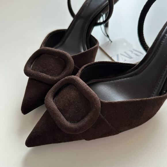 ZARA Dark Brown Pointed Toe Slingback Heels NWT Size 6.5 - Picture 6 of 16